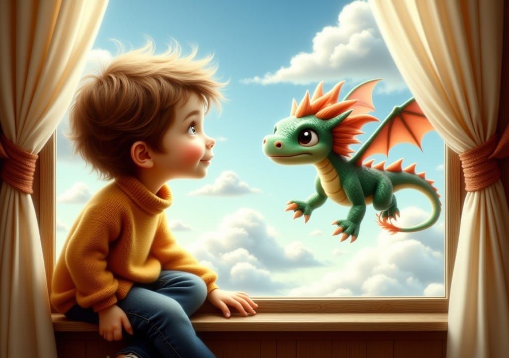 Boy and Dragon: Whimsical Storybook Scene