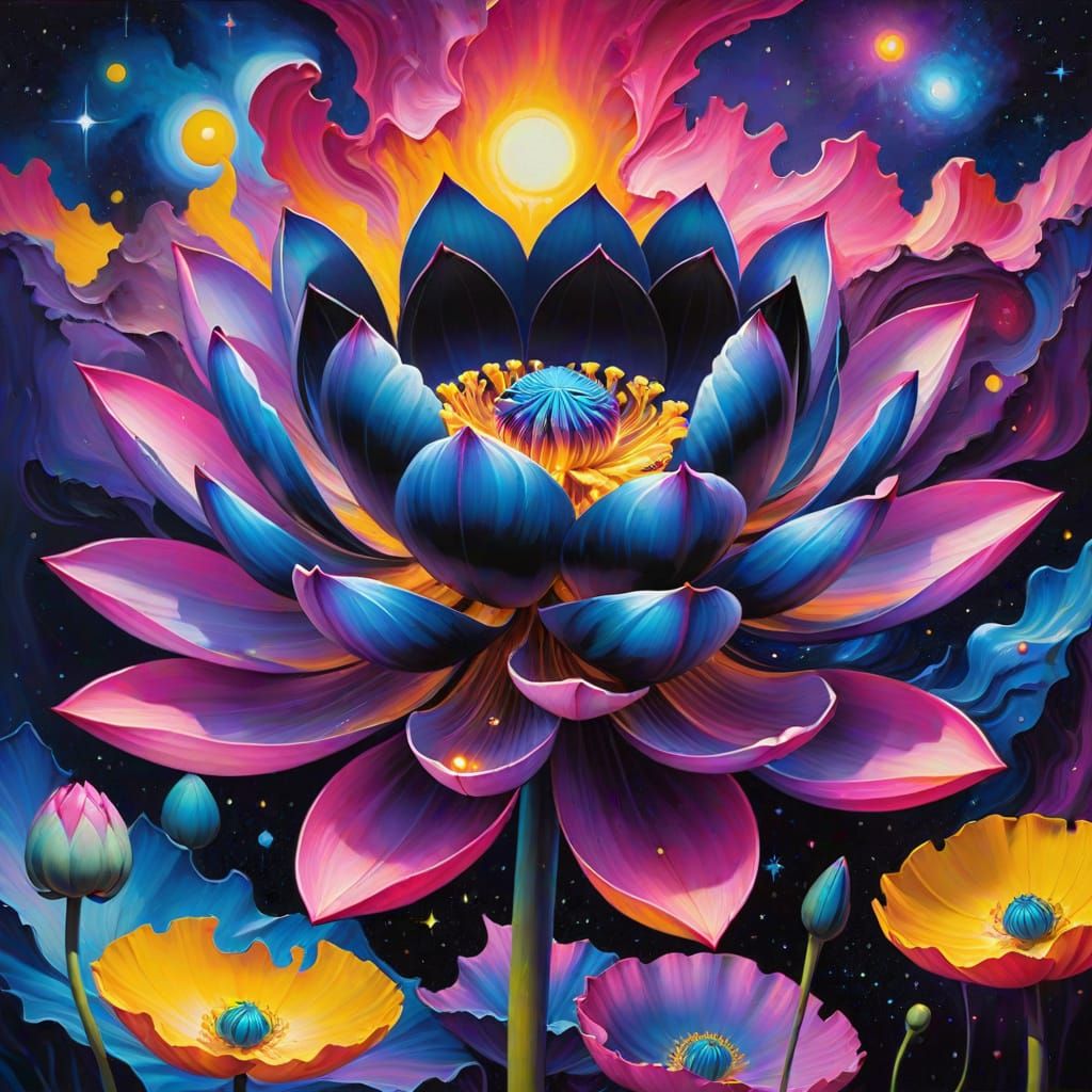 Ethereal Black Lotus Blooms in Cosmic Splendor