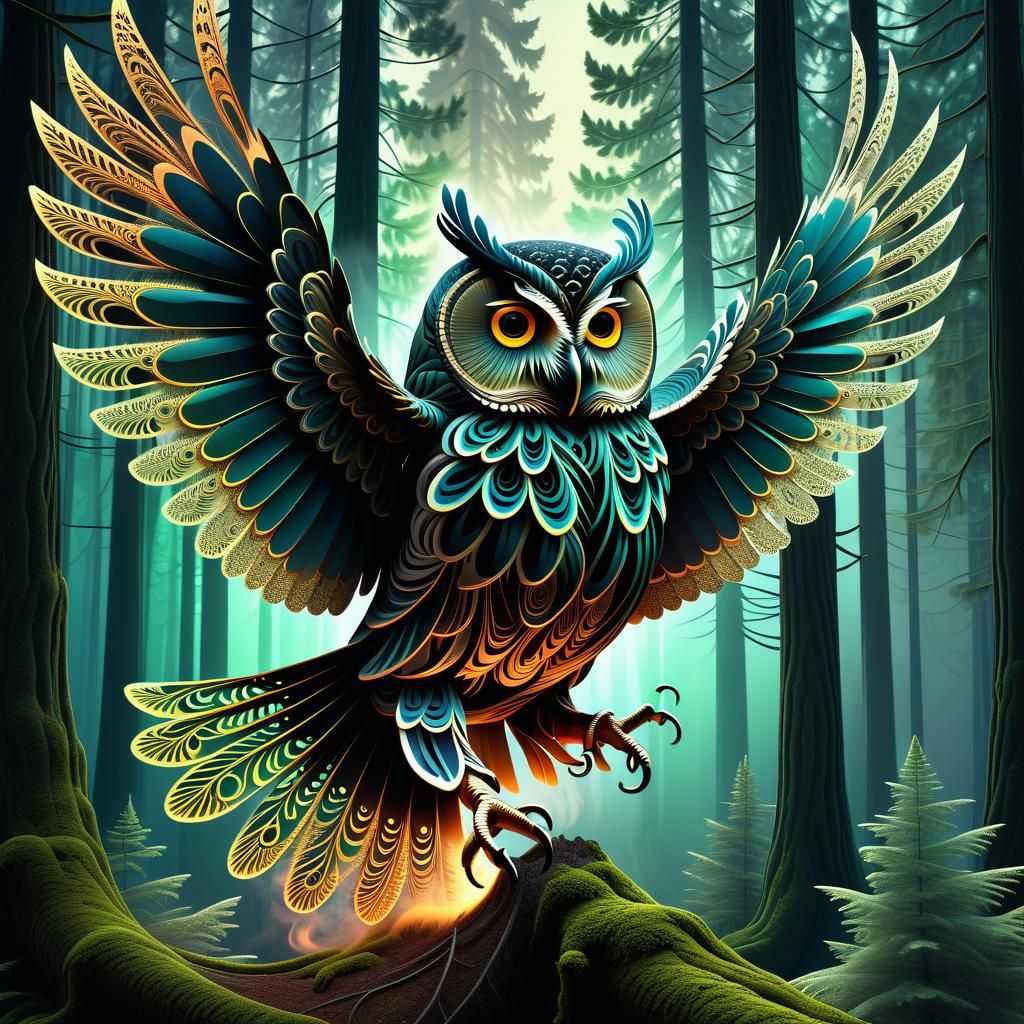 Stylized Owl in Forest with Filigree and Smoke