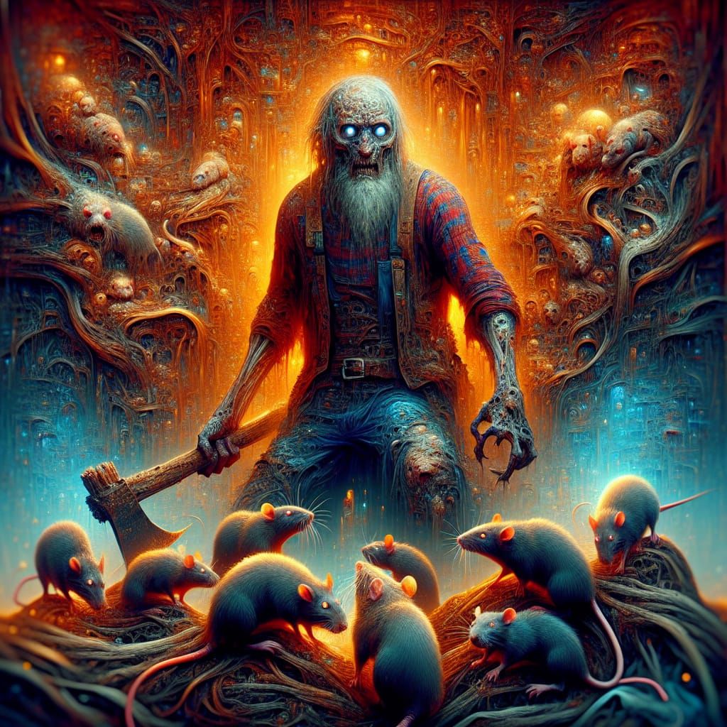 Terrible Lumberjack Monster Feasting on Rats in Dark Fantasy