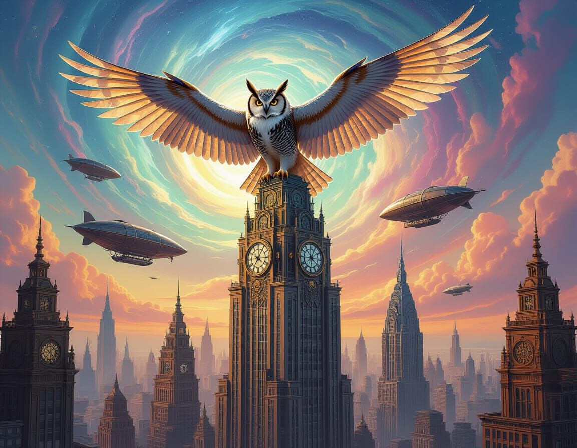 Clockwork Owl in Retro-Futuristic Cityscape