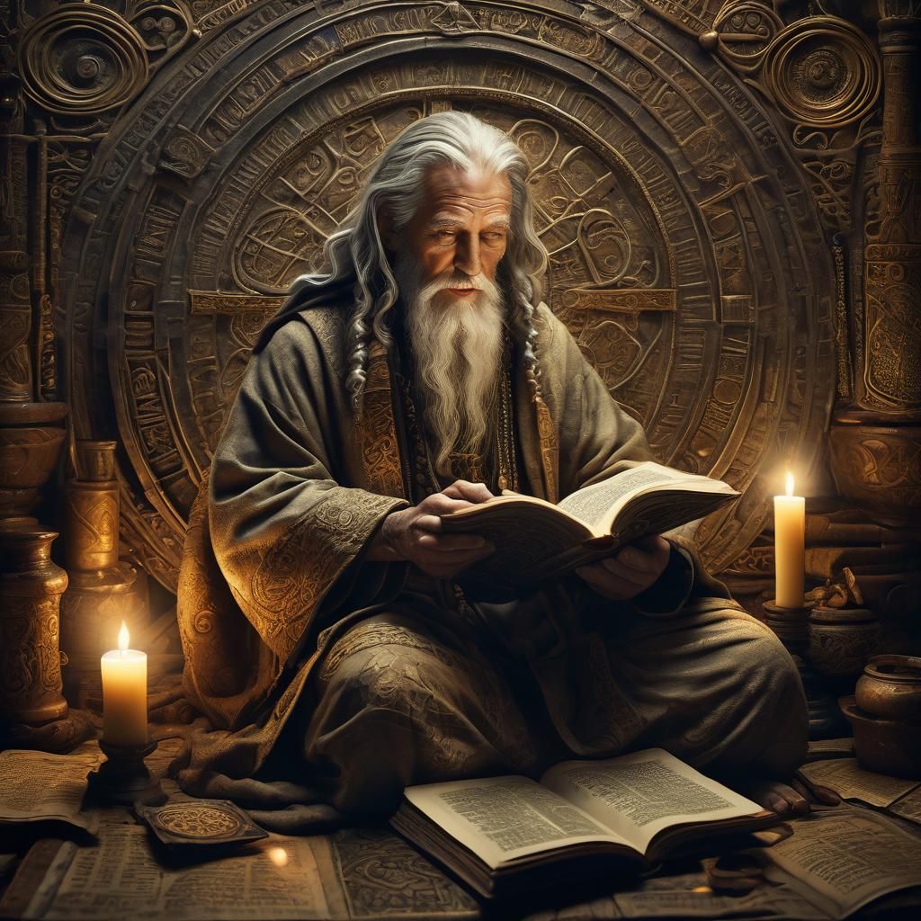 Mystical Sage Holding Ancient Tablets in Golden Light