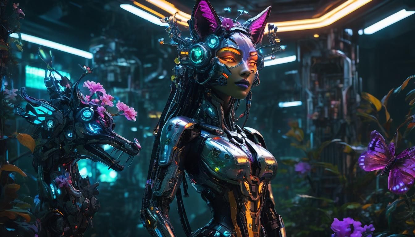 Biopunk Cyborg Fox Goddesses in Neon Laboratory