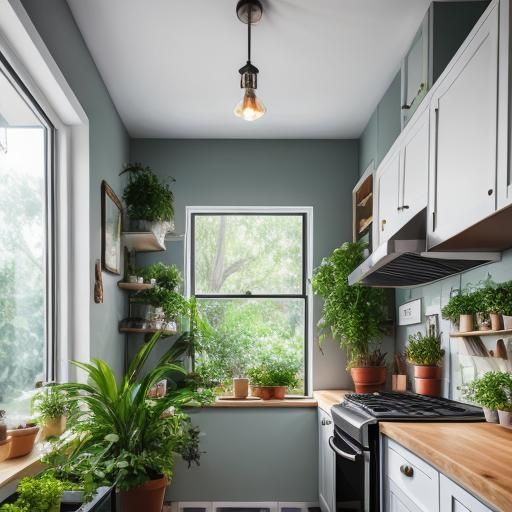 Charming Plant-Filled Tiny Kitchen in Natural Lighting