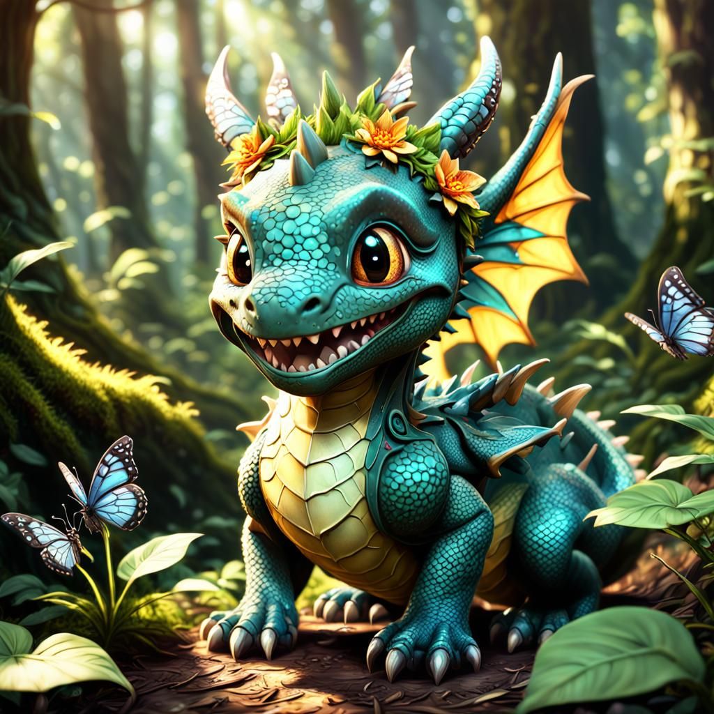 Cute Baby Dragon with Flower Crown