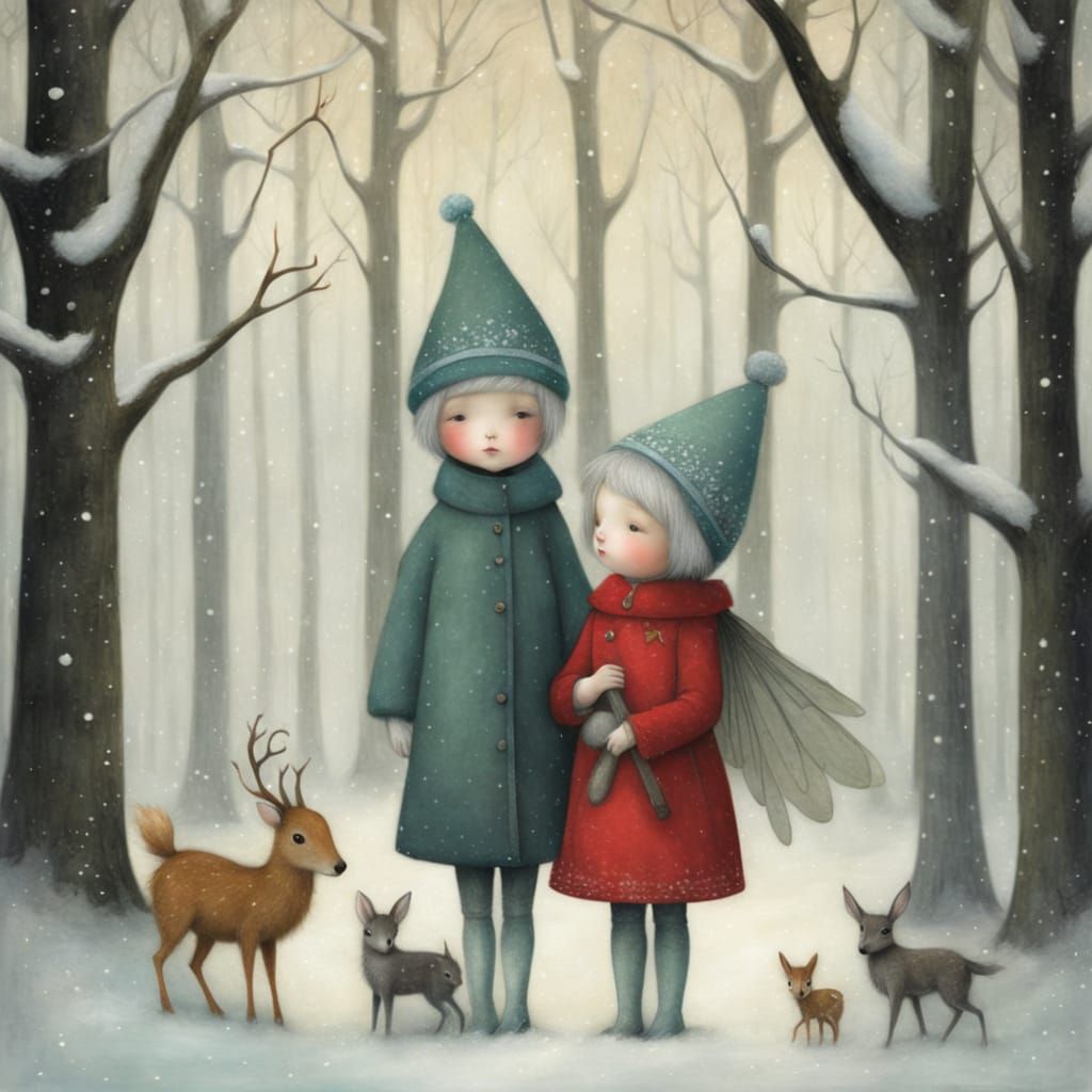 Whimsical Winter Woodland Scene in Watercolor Style