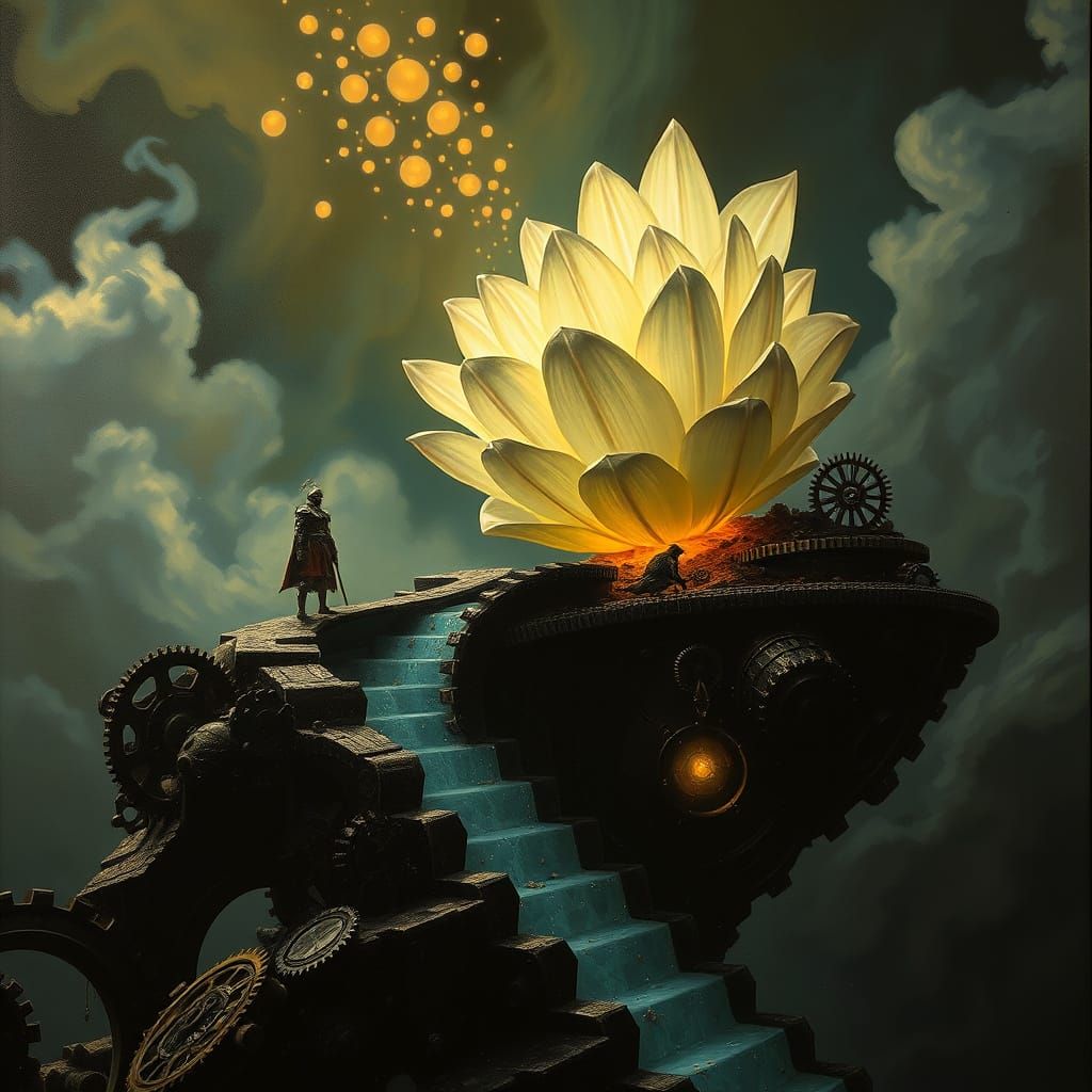 Knight on Clockwork Island Reaches for Bioluminescent Flower