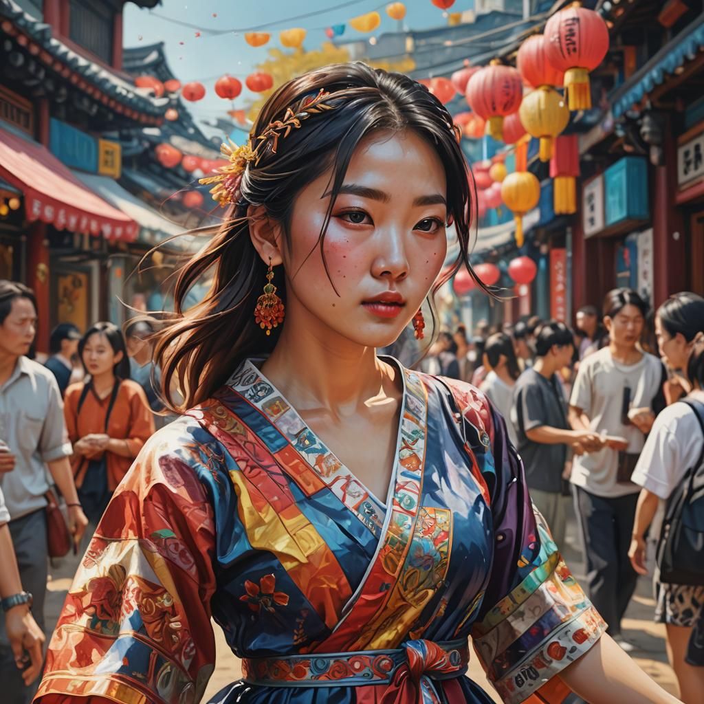 Korean Girl at Cultural Festival: Hyperrealistic Splash Art