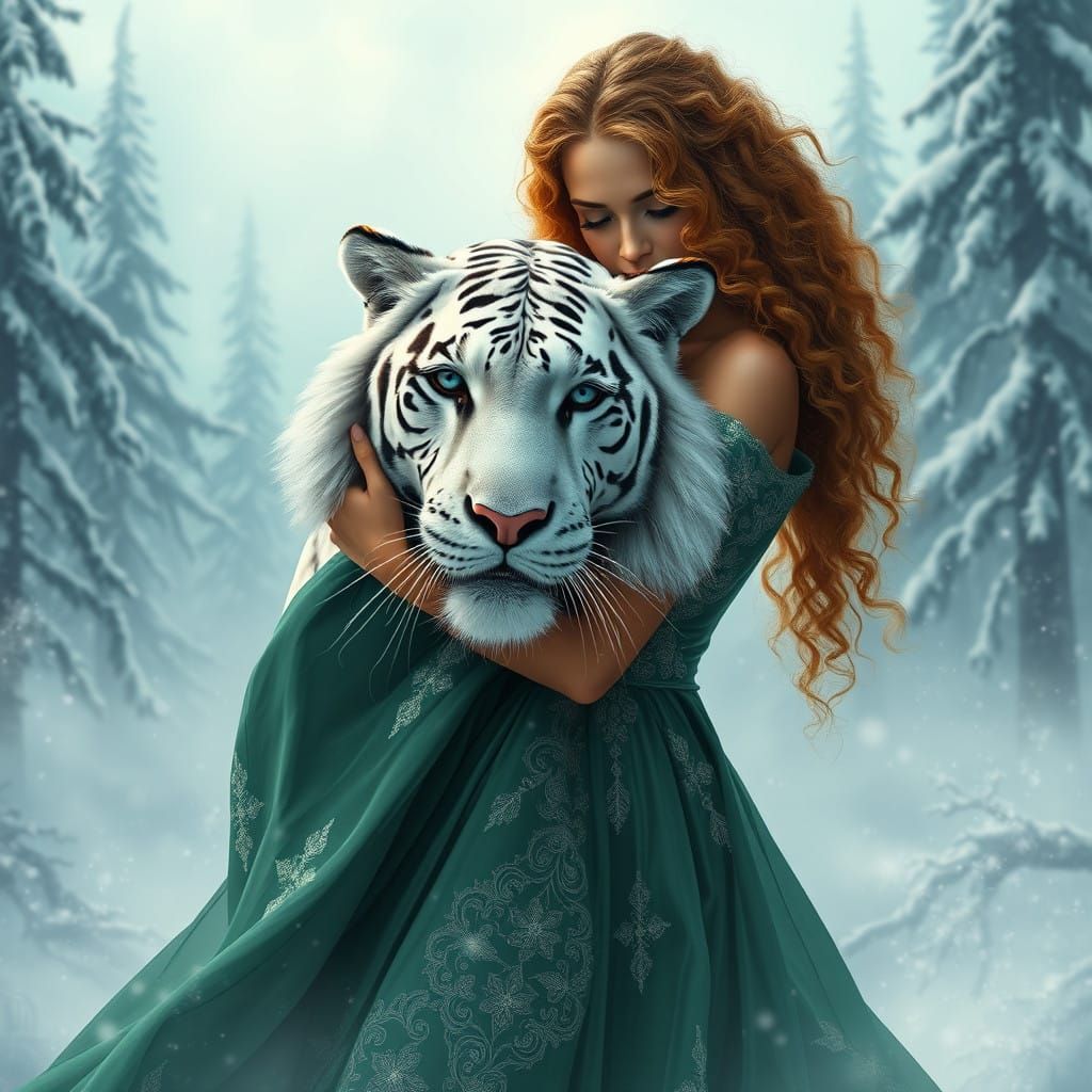 Majestic Woman Embraces Snowy Tiger in Winter Wonderland