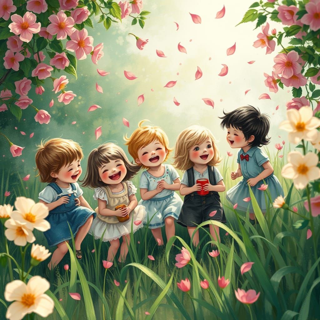 Joyful Children Play Amongst Whimsical Blooms in a Sunlit Me...