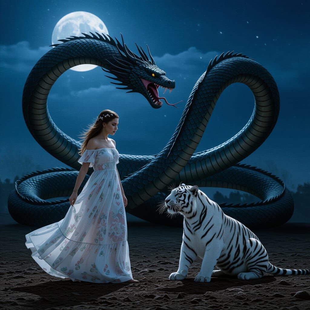 Moonlit Battle: Woman, Serpent, and White Tiger