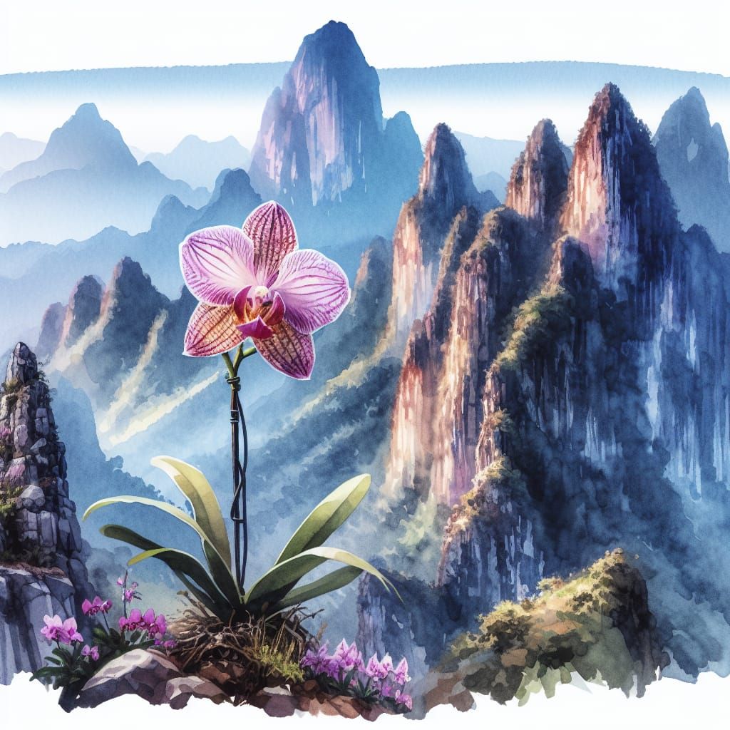 A orchid growing at the top of a mountain.