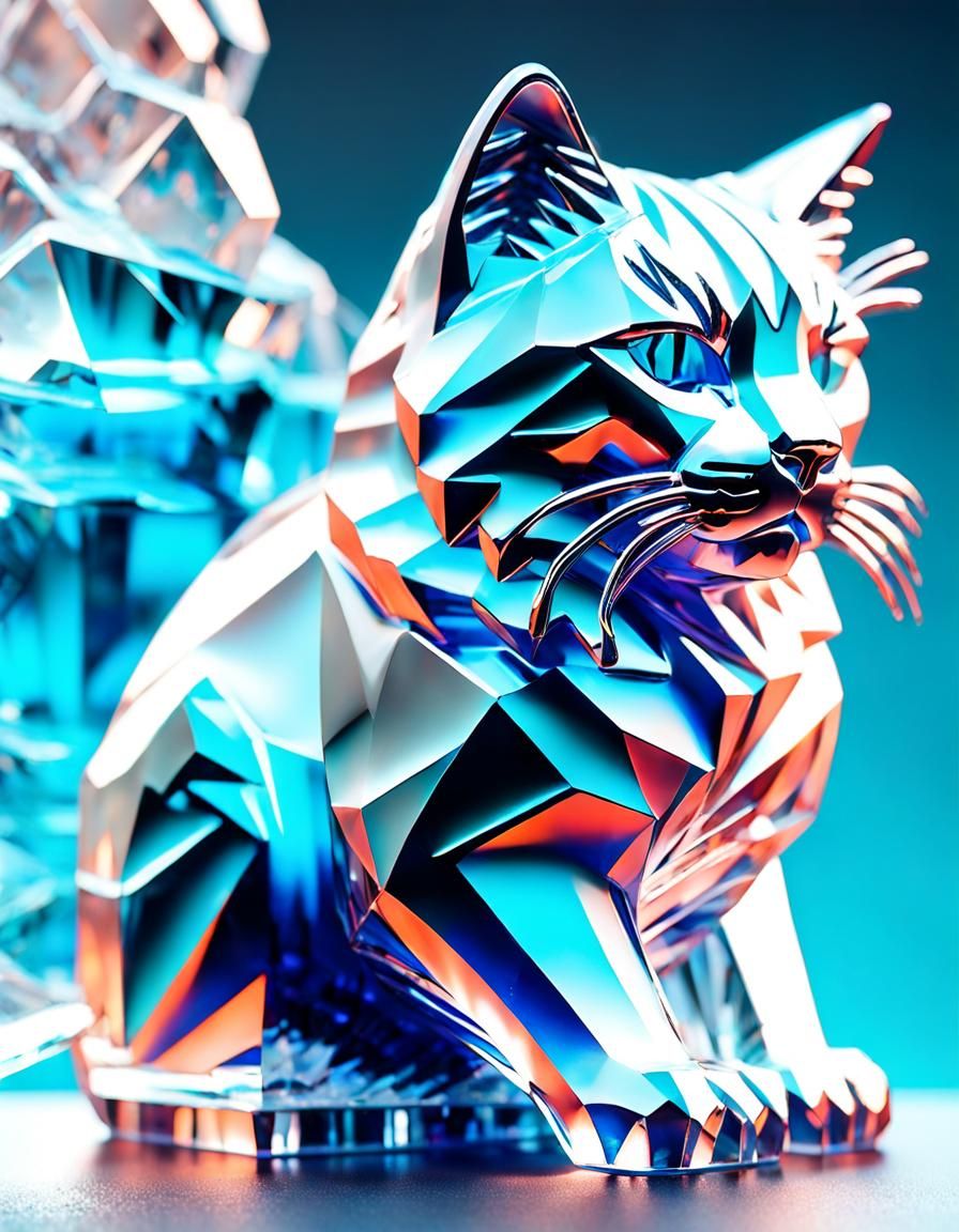 Crystal Ice Cat Sculpture with Amazing Depth