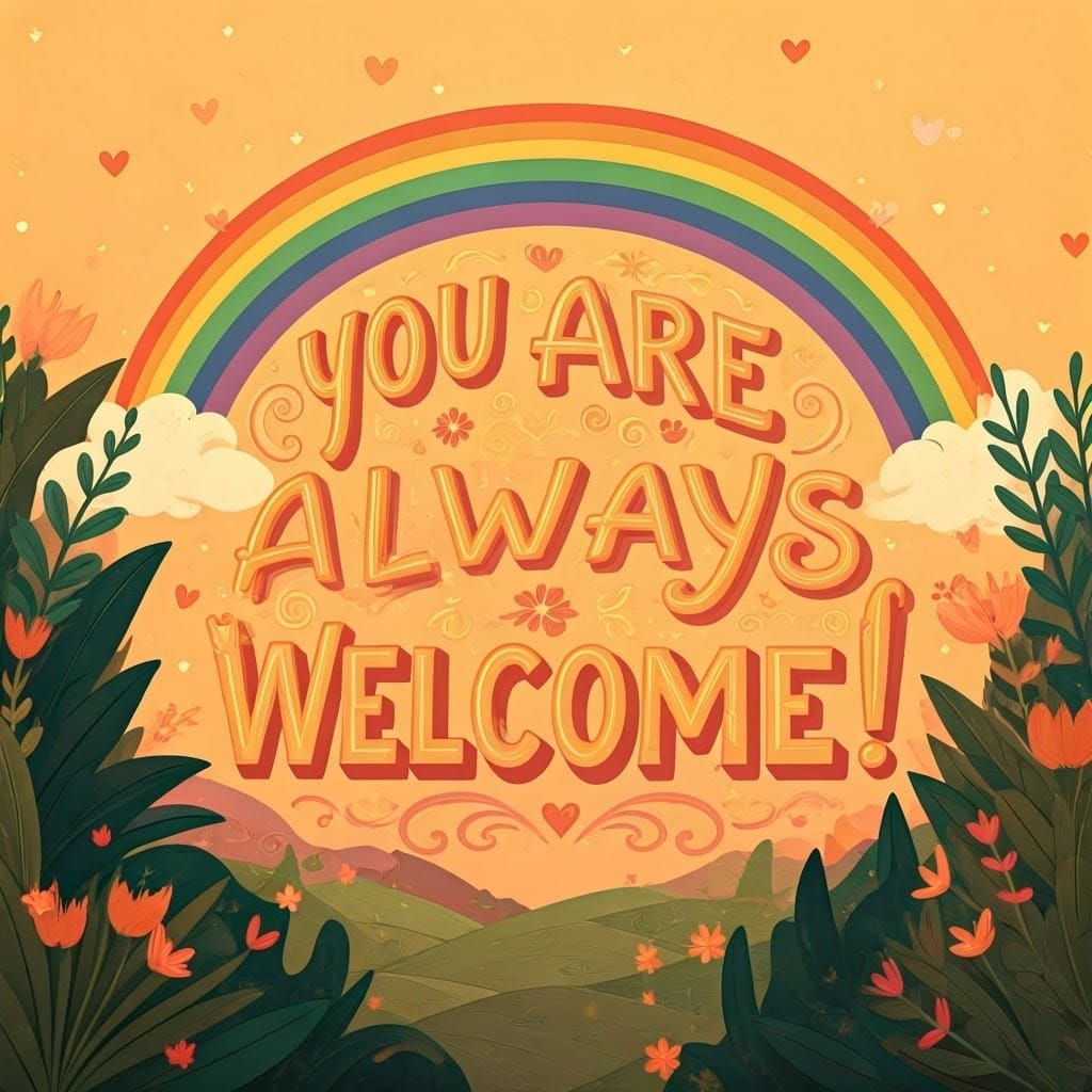 Vibrant Rainbow Landscape with Hearts and Stars