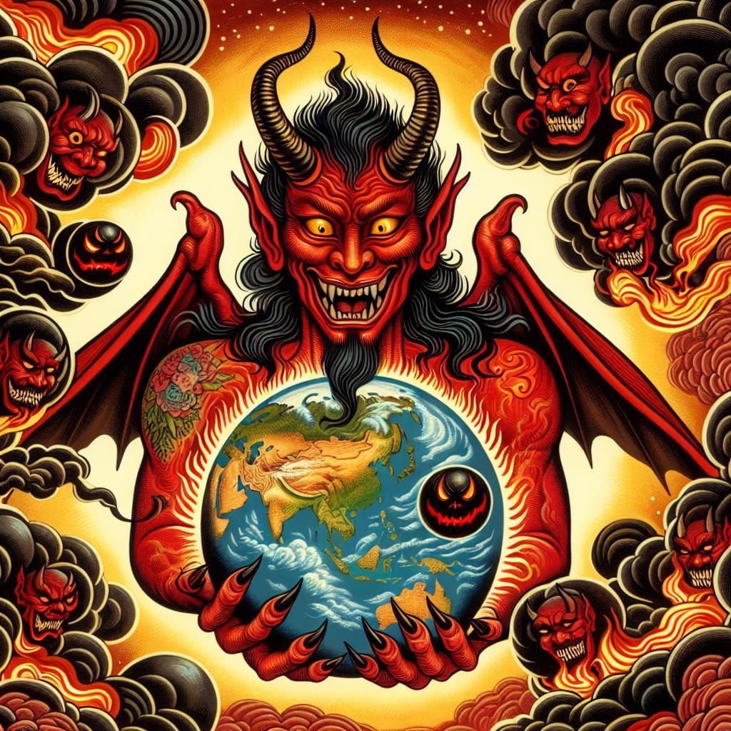 Demon Holding Earth in Hands Amidst Dark Clouds