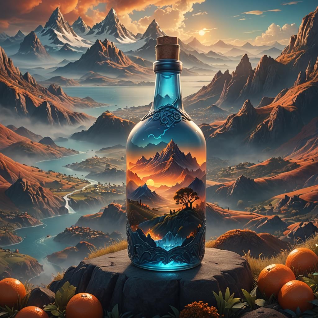 Miniature World Inside Gigantic Bottle: Fantasy Concept Art