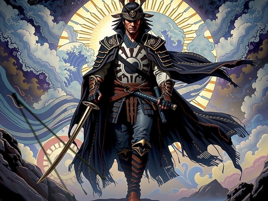 Heroic Japanese Swordsman in Dawn's Golden Light
