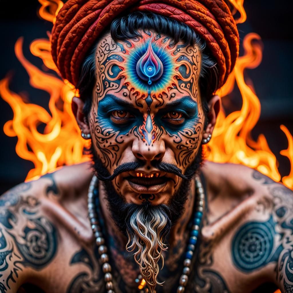 Fiery Tattooed Djinn in Psychedelic Digital Art