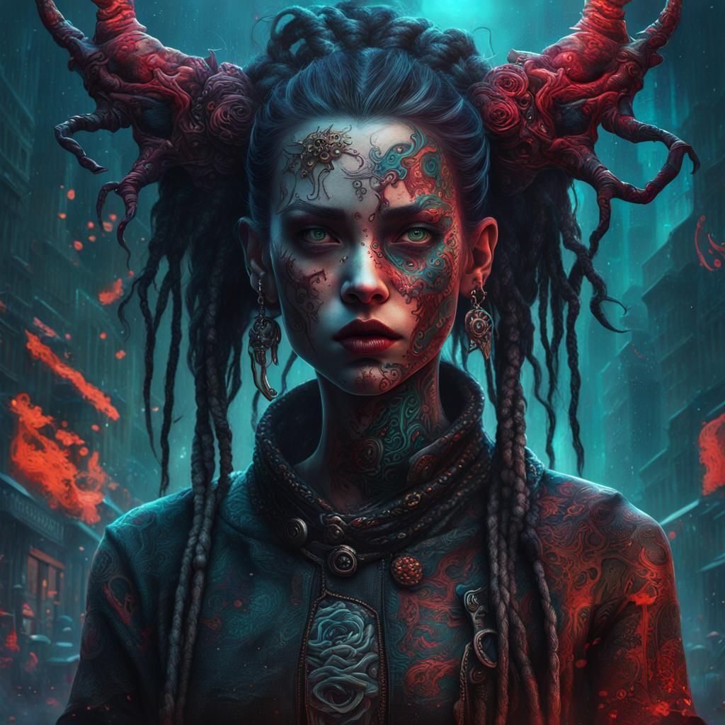 Aesthetic Demon Girl in Dark Cyberpunk Fantasy Art