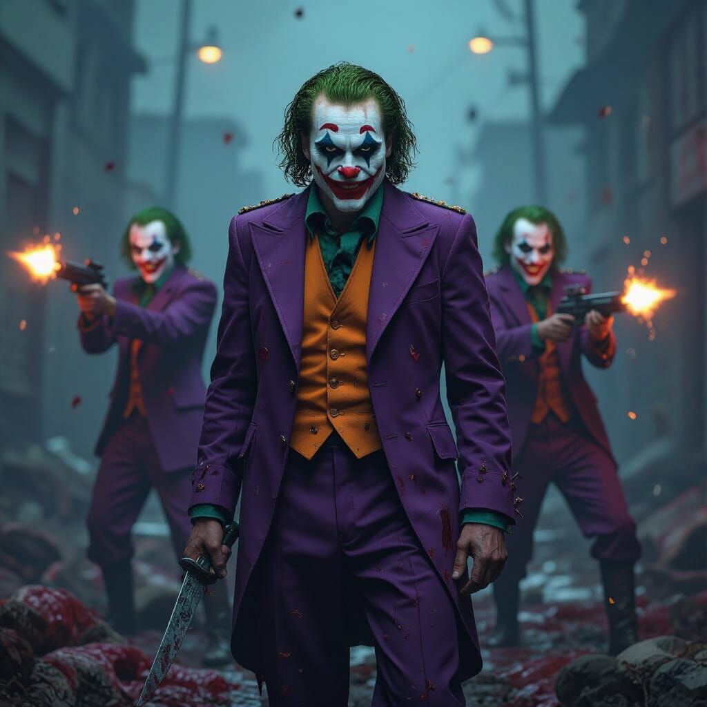 Six Grinning Jokers in a Dark, Cinematic Scene