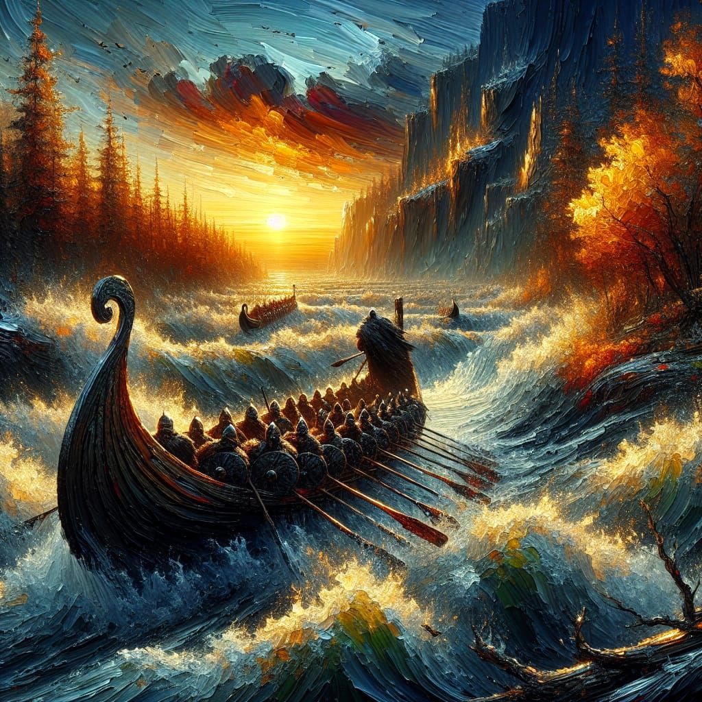 Vikings Navigate Rapids as Impasto Oil Painting