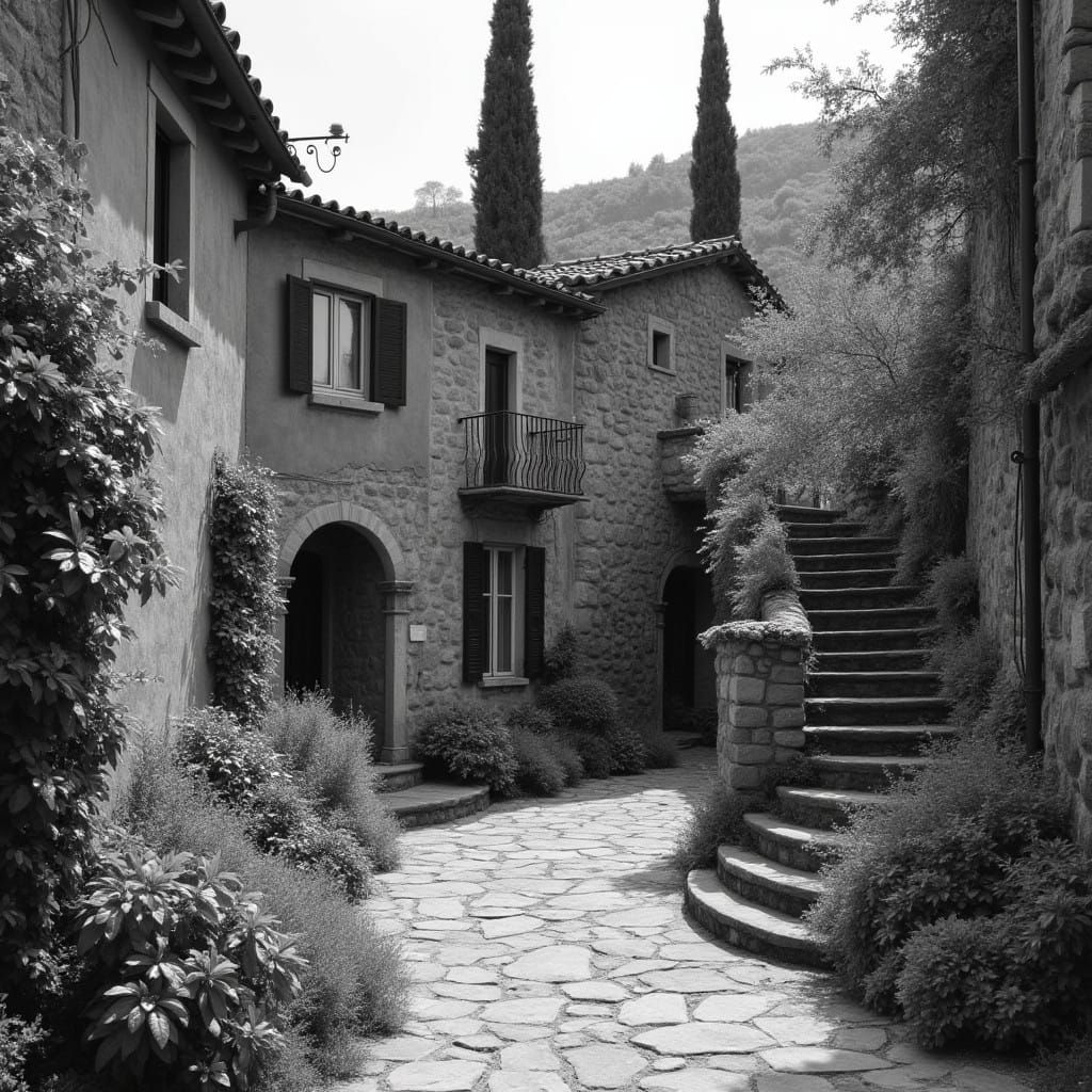 Timeless Mediterranean Village Scene in Black and White