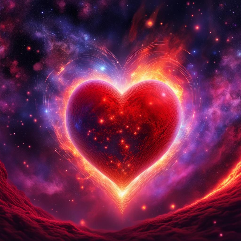 Create a planet in the space between galaxies all red in the shape of a heart that burns