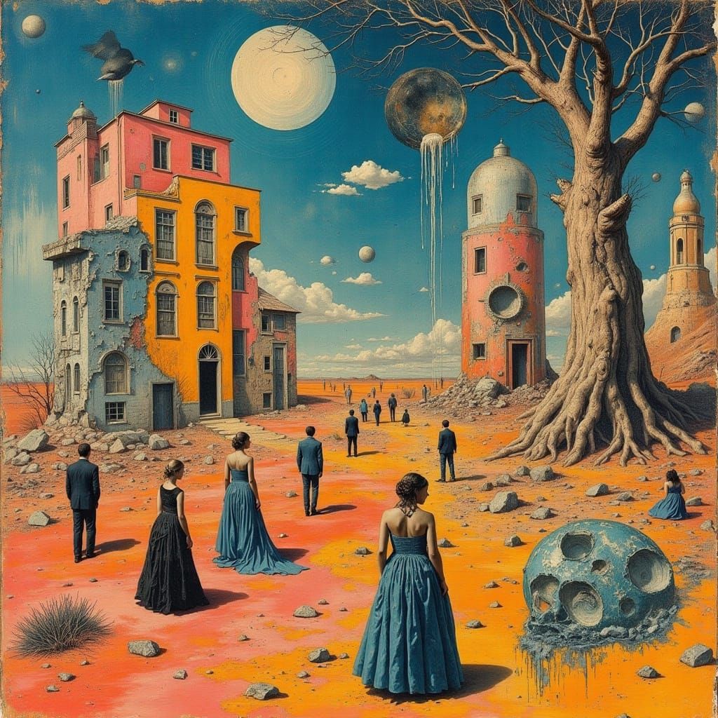 Surreal Dreamscape with Melting Buildings and Distorted Tree...