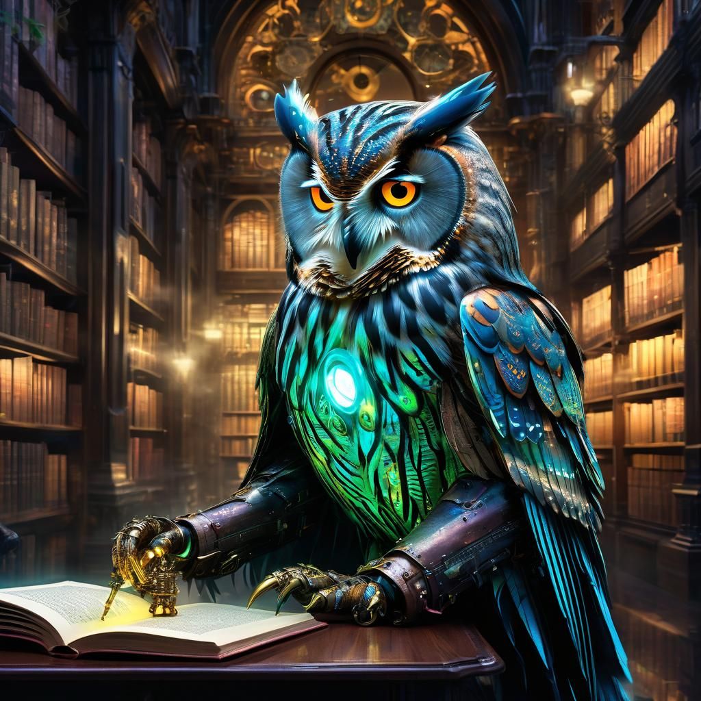 Steampunk Bioluminescent Owl Reads in Library
