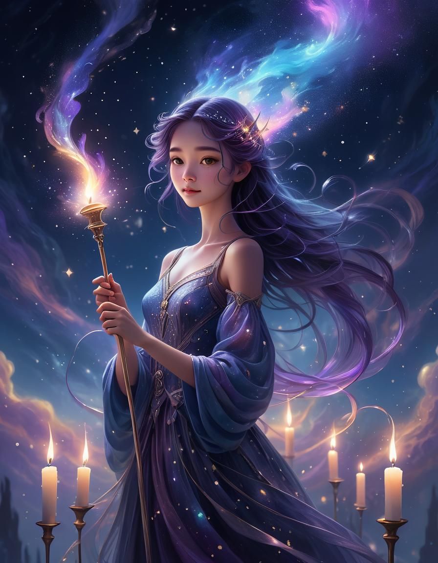 Ethereal Candle Lighter in Starry Sky: Dreamy Concept Art
