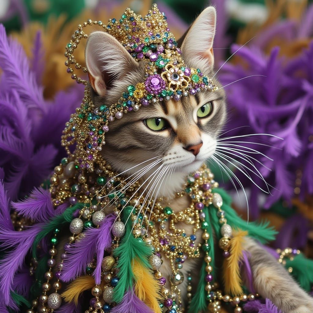 Surreal Mardi Gras Cat Dances with Gemstones and Feathers