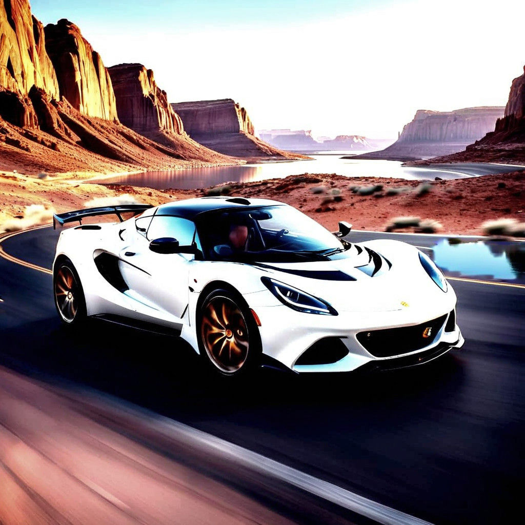 Lotus Emira Speeds by Lake Powell at Dawn