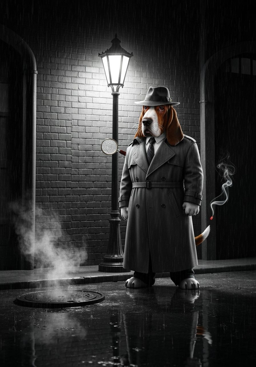 Noir Basset Hound Detective in Rainy Alley