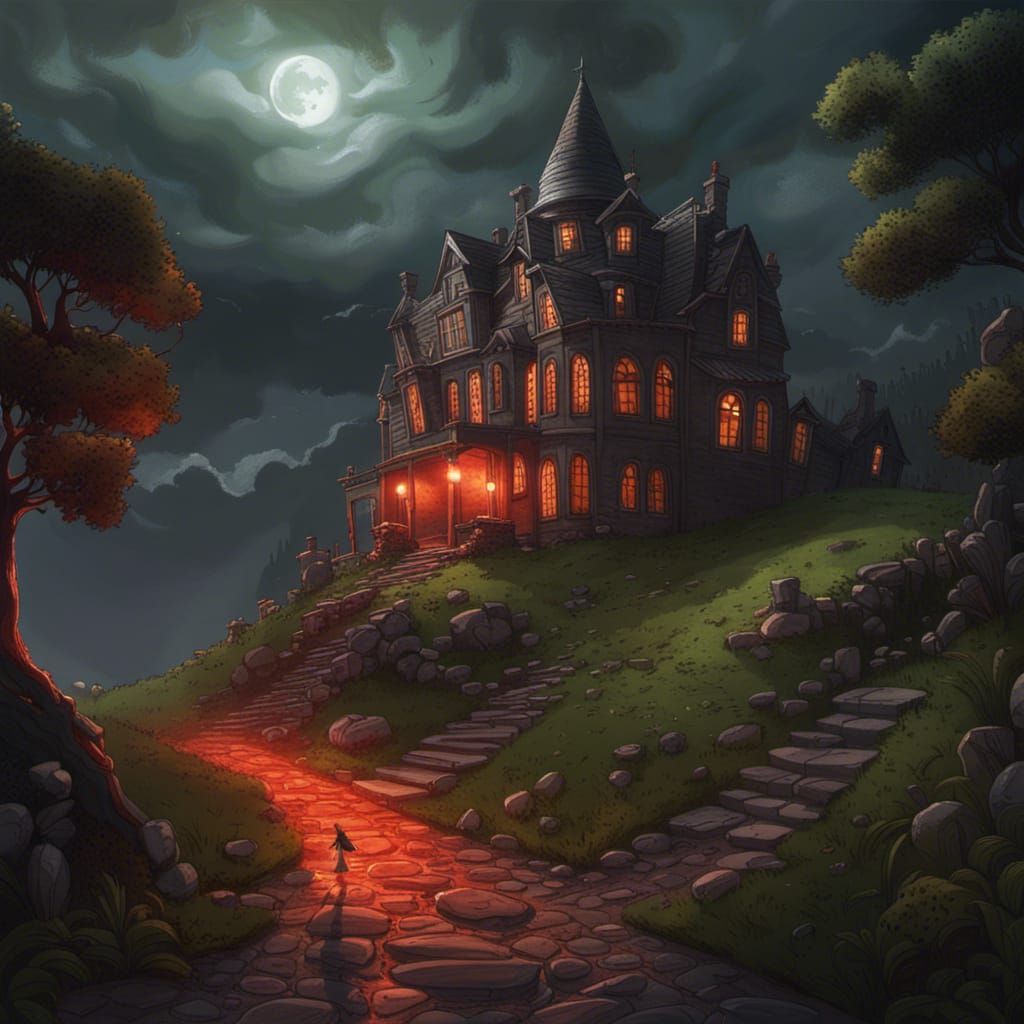 Cliffside Mansion with Red Riding Hood, Hyperrealistic