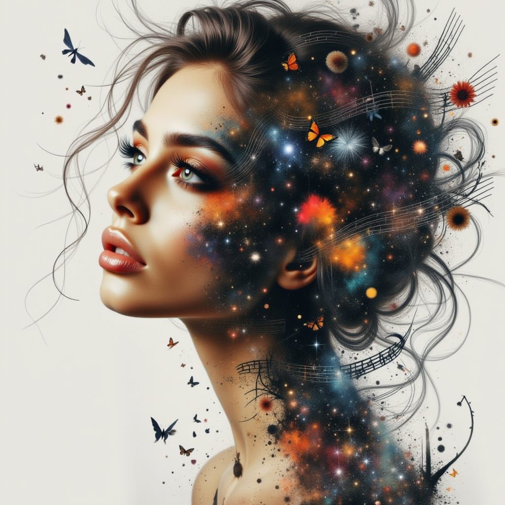 Gorgeous Woman in Vibrant Double Exposure Portrait