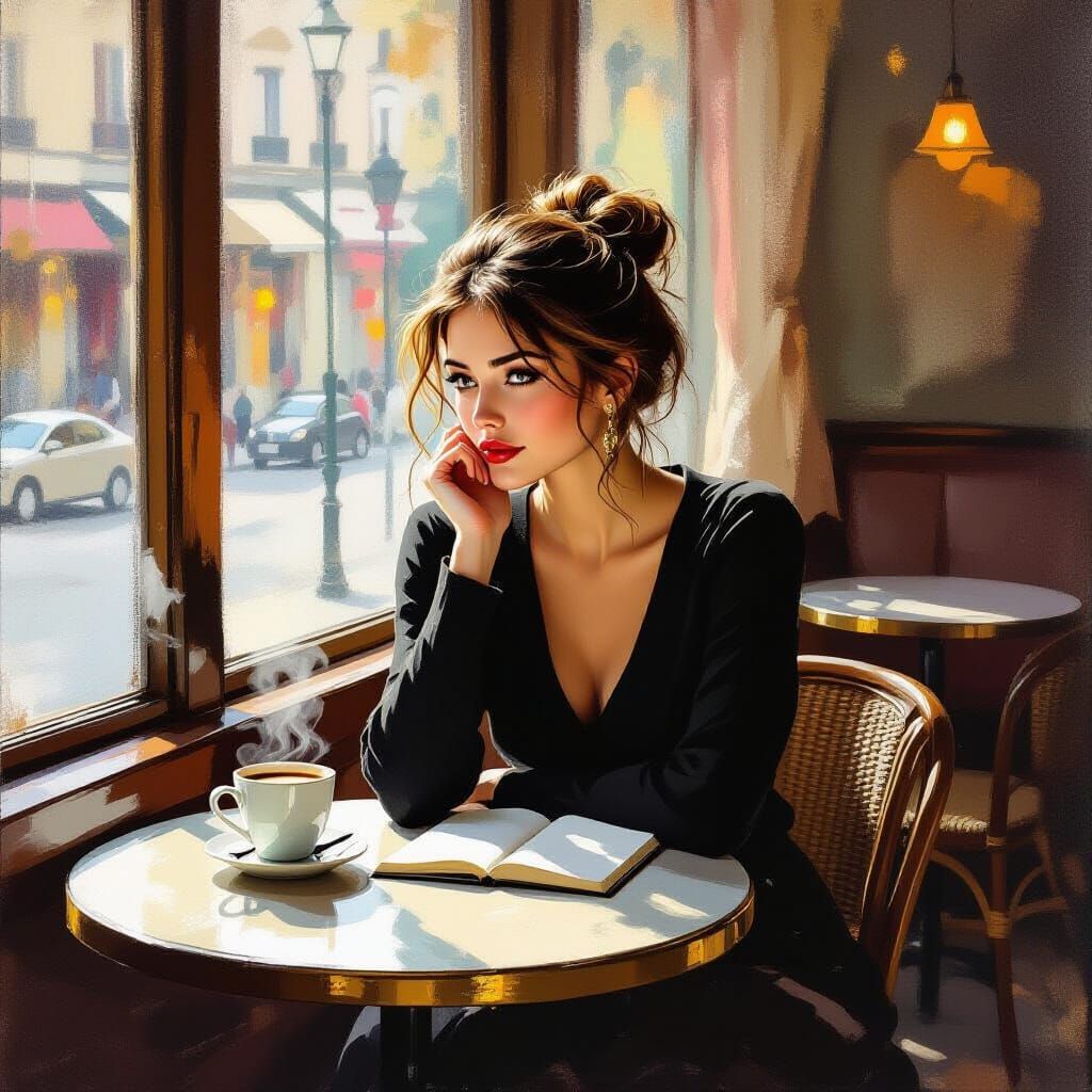 Woman Lost in Thought at Quiet Café, Impressionistic Oil Pai...