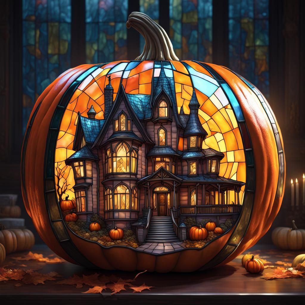 Adams family house carved in a transparent stained glass pumpkin