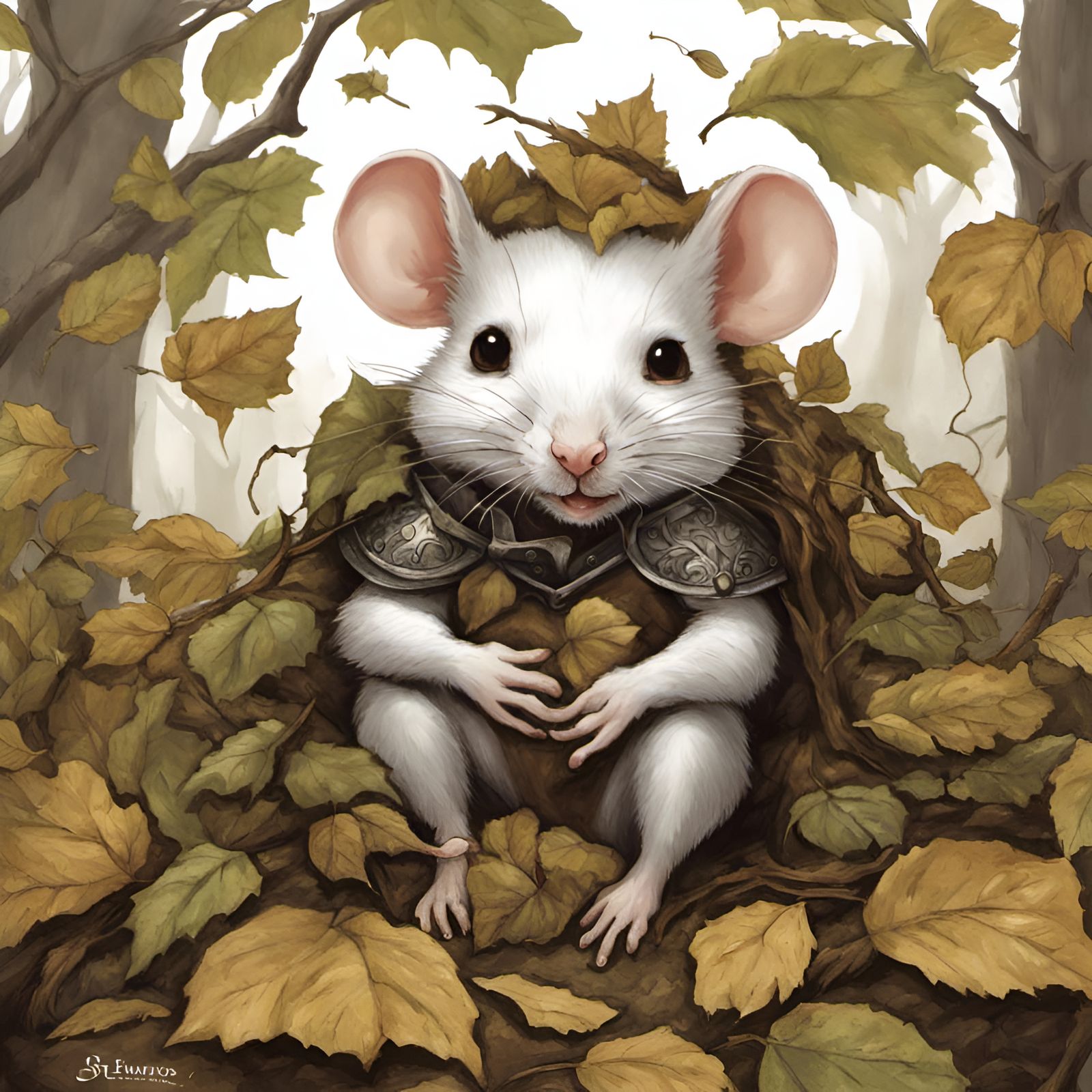 White Rat on Leaves: D&D Card Art