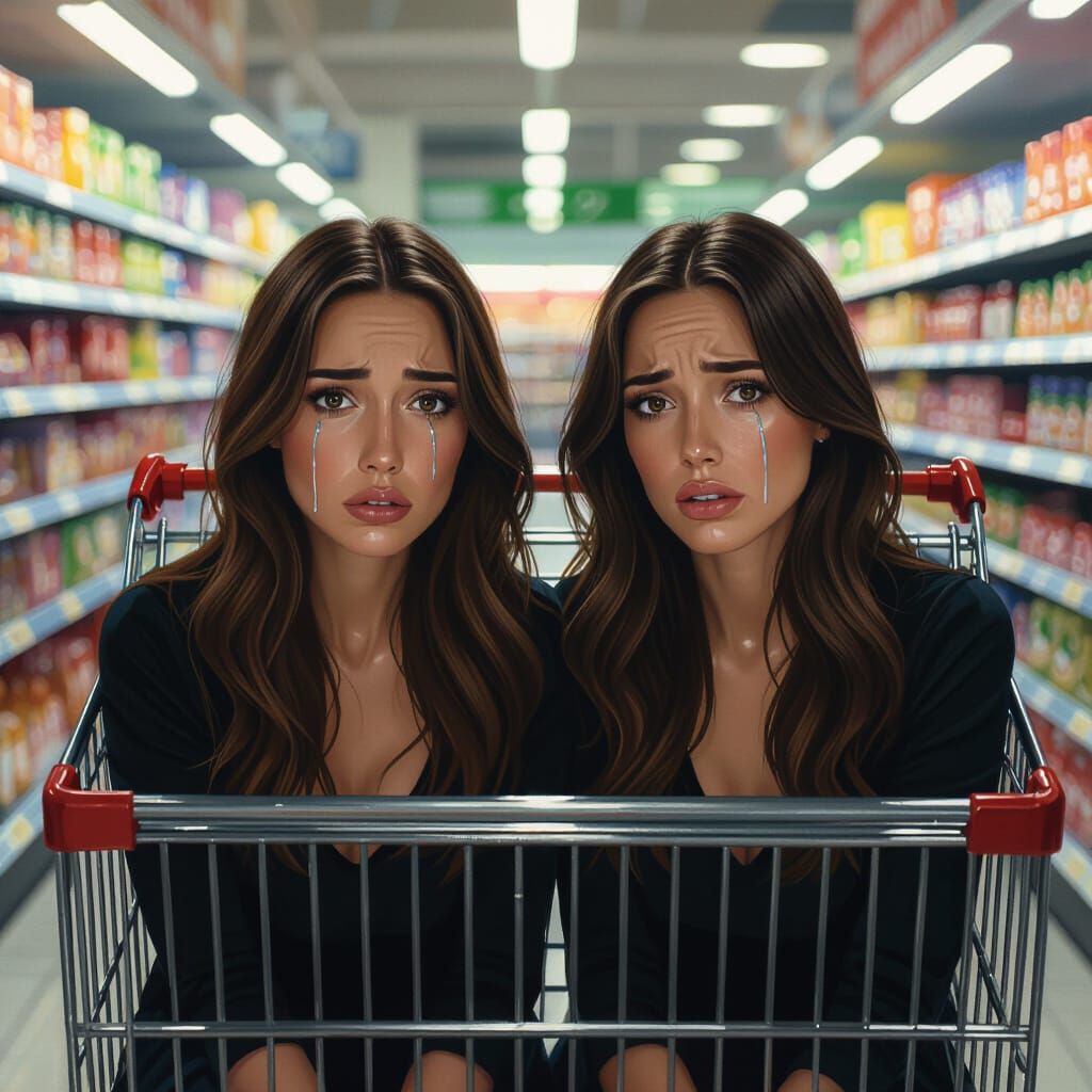 Hyperrealistic Painting of Women Crying in Shopping Trolley