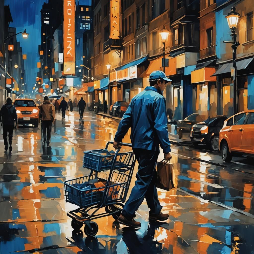 Push Cart Man in City Night, Abstract Expressionism
