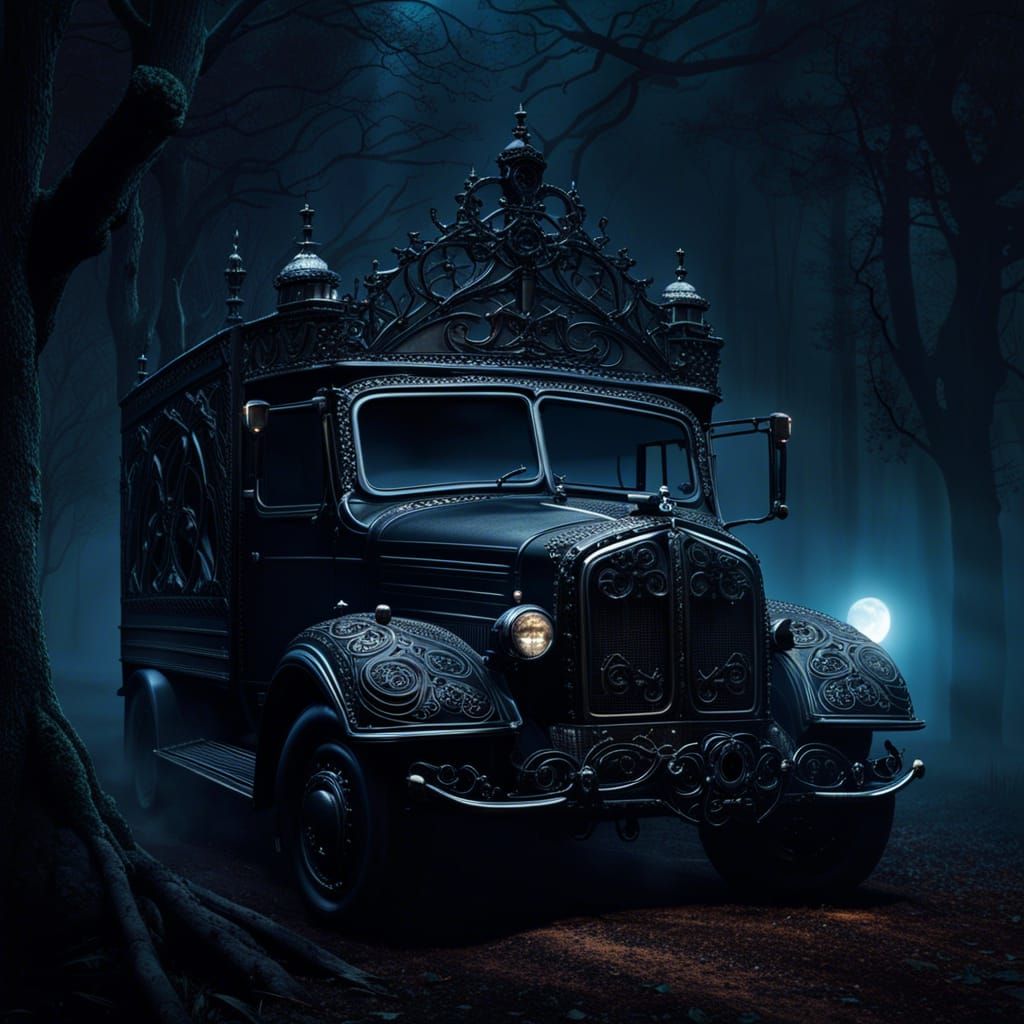Gothic Filigree Truck in Misty Horror Forest