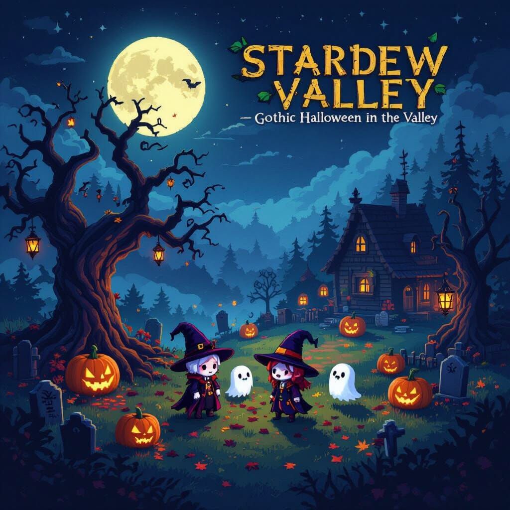 Gothic Halloween Stardew Valley Landscape with Ghosts