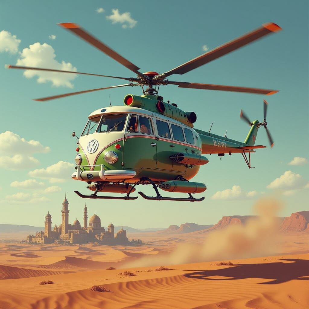 Surreal VW T1 Helicopter Gunship in Desert City