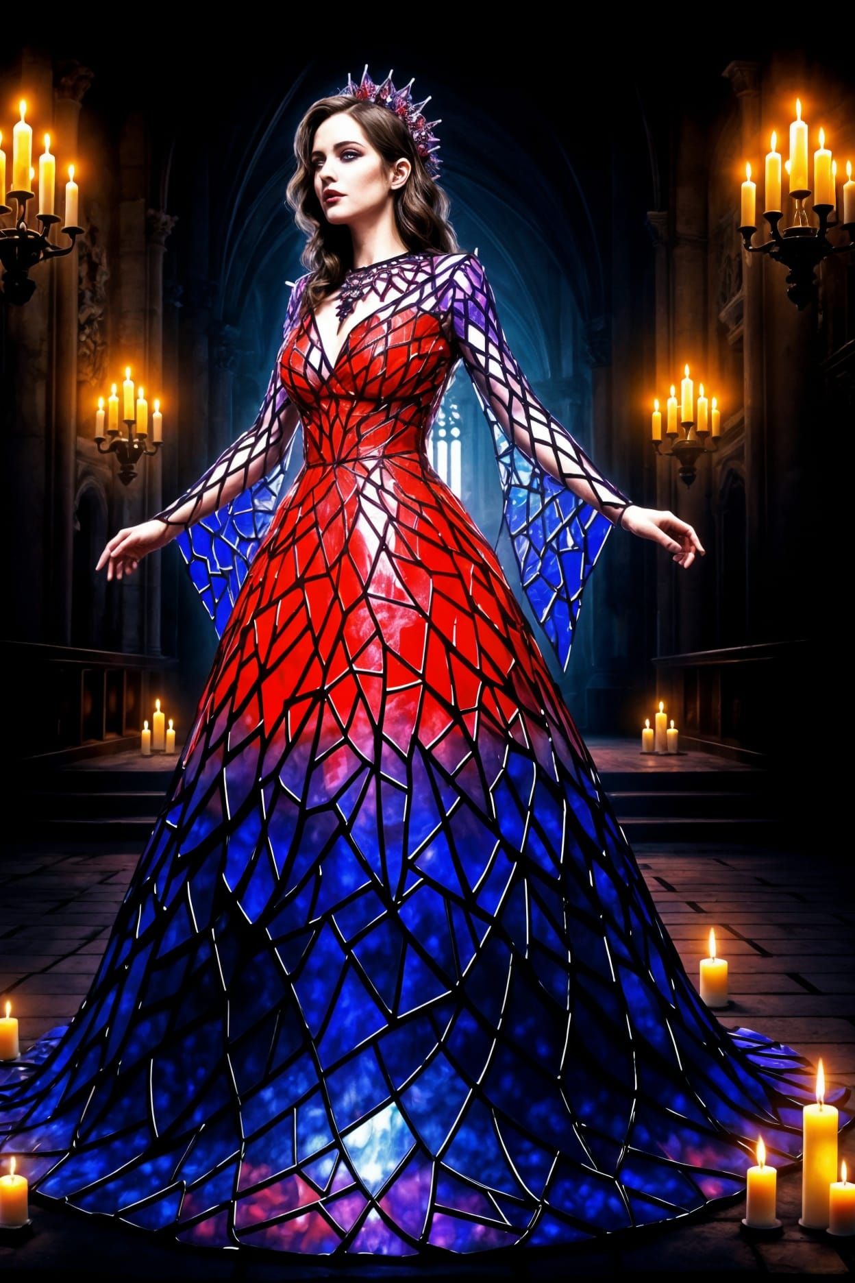 Gothic Woman in Stained Glass Dress by Candlelight