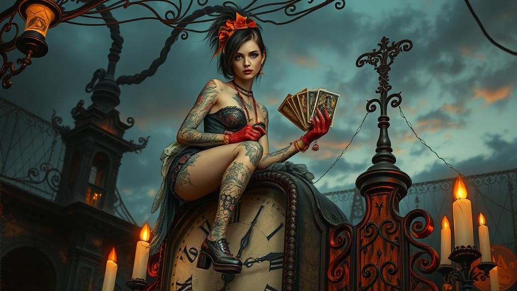 Gothic Punk Woman on Clock in Baroque Style