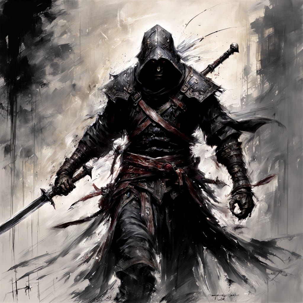 Ominous Swordsman Action Painting in Sfumato Style