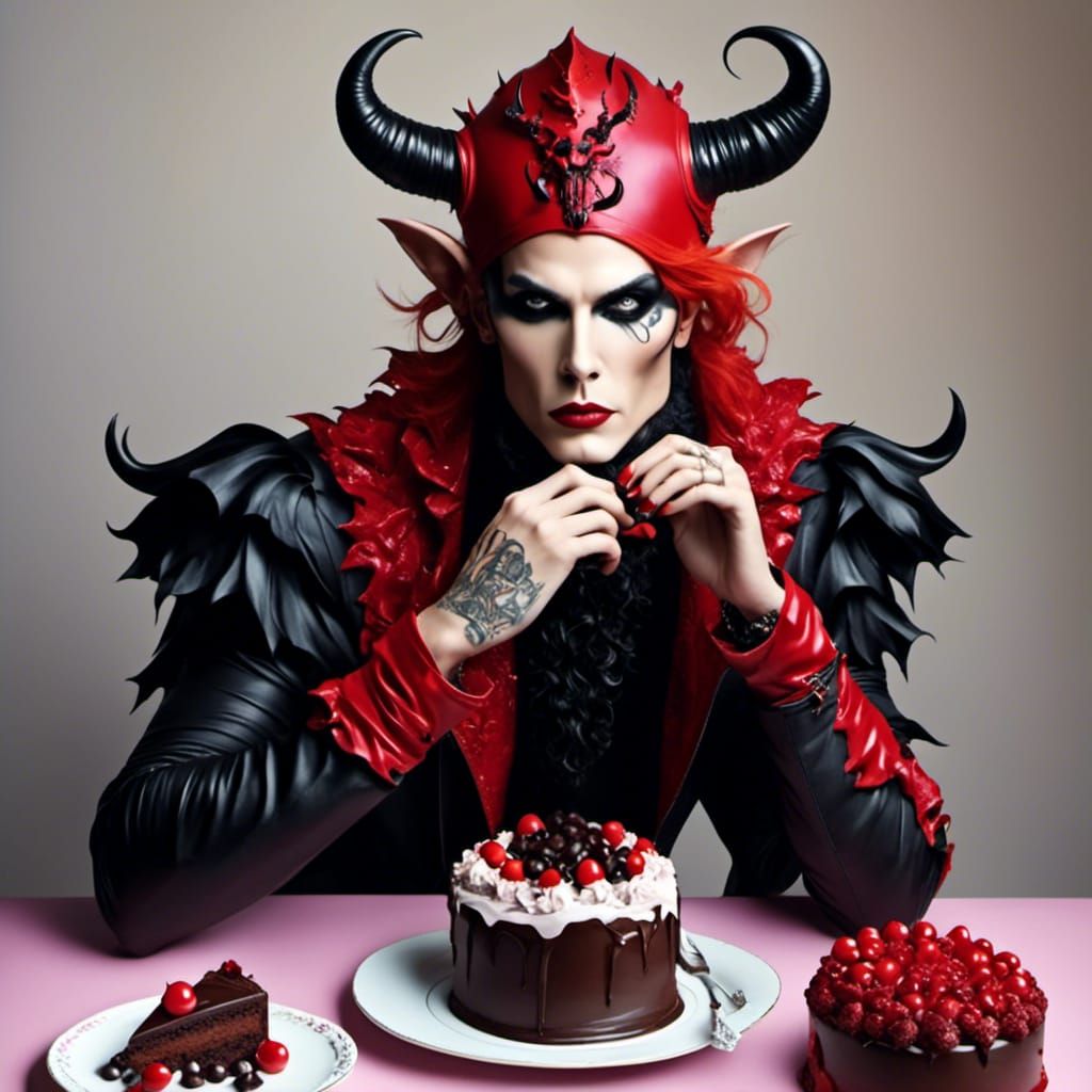 Cute Devil Eating Devil's Food Cake