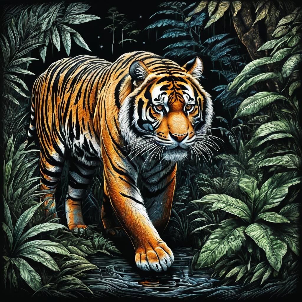 Tiger in Jungle Scratch Art Drawing