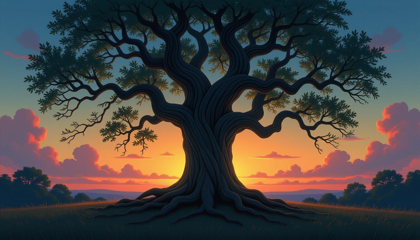 Ancient Oak Tree with Hidden Faces at Twilight