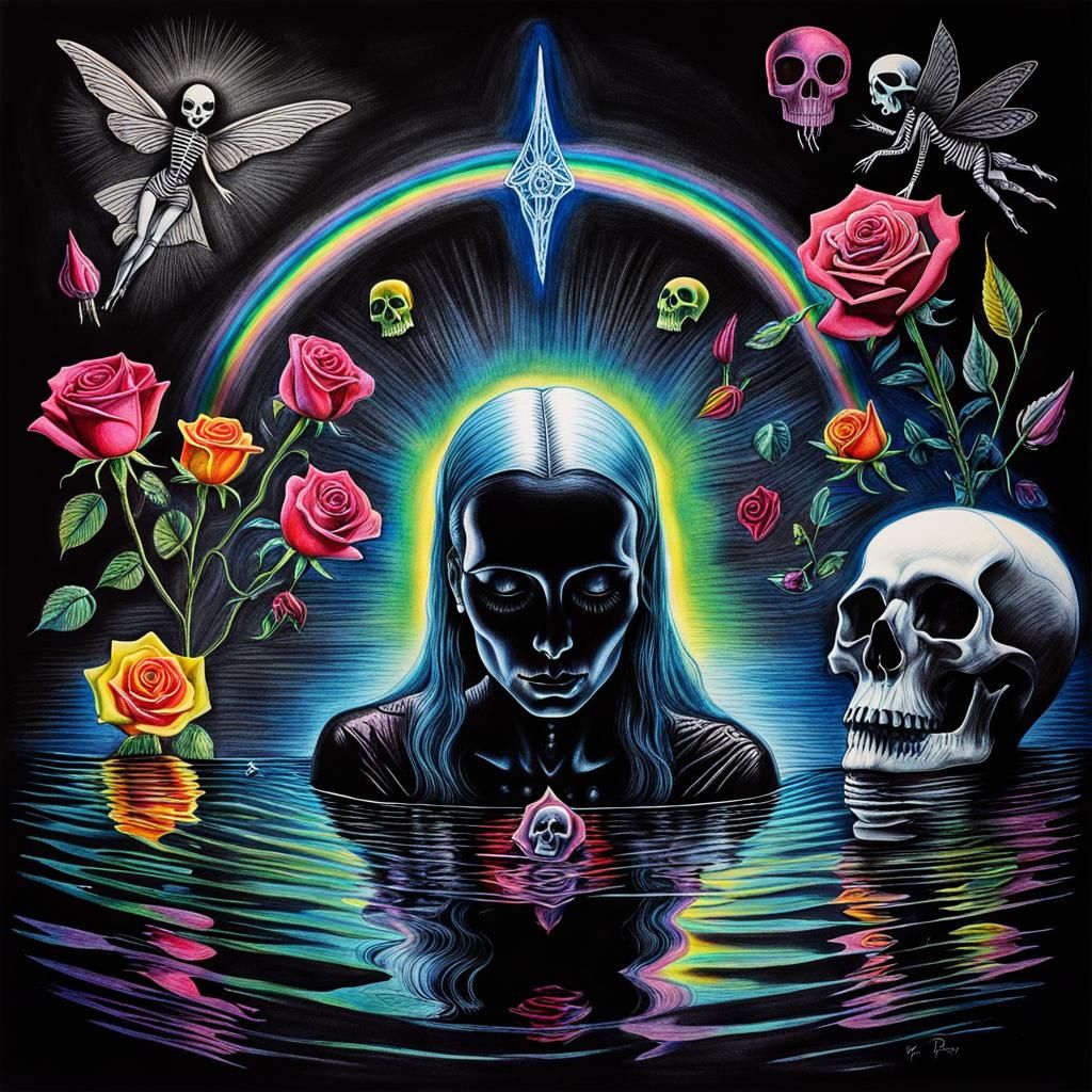 Surreal Crayon Drawing: Goth Woman in Darkness